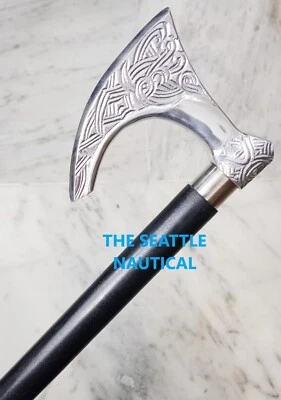 Hecho a mano AL Silver Viking Hacha Cabeza Mango Negro Varilla de madera Bastón para caminar Foto 1 de 4