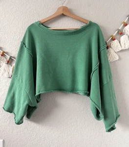Felpa We The Free cotone Terry cropped oversize verde boho loungewear S - Foto 1 di 7