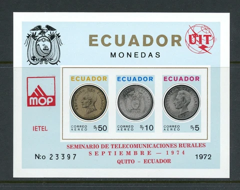 Y079   Ecuador 1974 Coins ITU OVERPRINTED IMPERF  sheet   MNH Cover