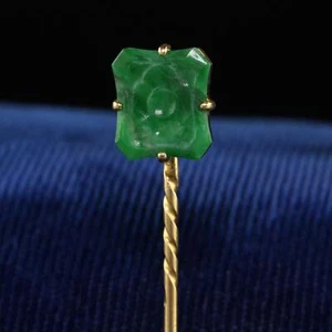 Vintage Mid Century 18K Gelbgold geschnitzt Jade Blumen Stick Pin - Bild 1 von 4