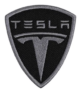 Tesla Shield Embroidered Patch Black/Dark Gray Iron-On Sew-On Shirt Backpack Hat - Picture 1 of 2