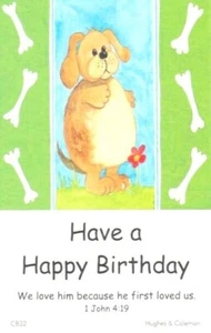 Hund & Knochen Postkarten x 12 - Geburtstag - mit Bibeltext - 1. Johannes 4,19 - H8900 - Bild 1 von 1