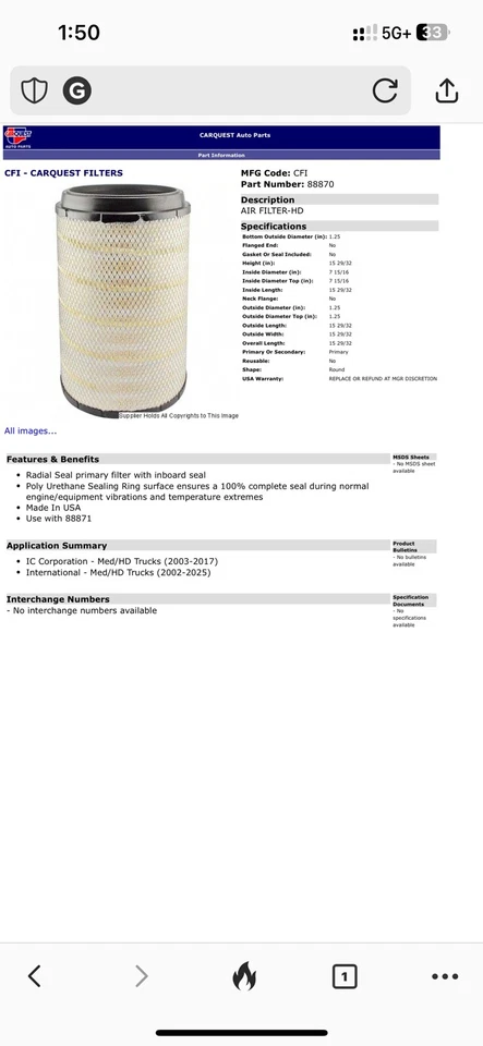 Filtro de aire CARQUEST IC Corporation o camiones International HD 2002-2025 Foto 1 de 4