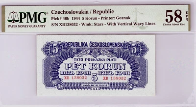Czechoslovakia 5 Korun (1944) Pick# 46b PMG 58 Choice AU - Image 1 of 4