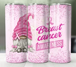 Pink Gnome Tumbler 20oz Stainless Steel Breast Cancer Awareness Support Cup - Picture 1 of 5