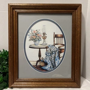 Homco Home interior vintage wooden frame picture blue quilt in rocking chair - Picture 1 of 4