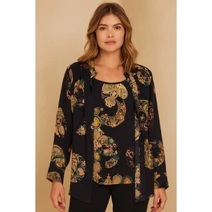 Citron Santa Monica Womens 2X Silk Set Tank Top Button Up Asian Shirt Black - Picture 1 of 18