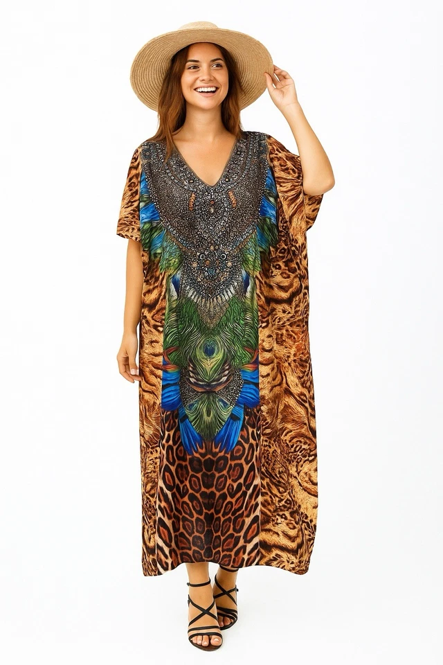 .Free Size Kaftan Tunic Holiday Dress Beach Cover up fits 14,16,18,20,22,24 - image 1 of 1