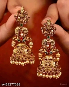 Cz South Indian Golden Jhumka Kundan Pearl Earring Fashion Jewelry - Picture 1 of 2