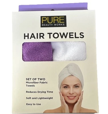 Pure Beauty Works Hair Towels Set Of 2 Microfiber Towels Purple & White NEW 🆕 - Image 1 of 3