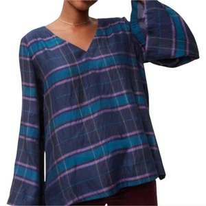 Nuevo top a cuadros azul y morado Loft para mujer con mangas de campana talla pequeña mediana - Imagen 1 de 9