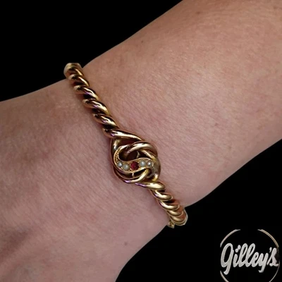 14k Gold Bracelet Ruby & Pearls Vtg Antique One Of A Kind Twist Bangle 6in - Image 1 of 4