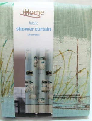 LAKE RETREAT Cortina de ducha de tela de diseño Vacaciones Pesca Lodge en el bosque Foto 1 de 4