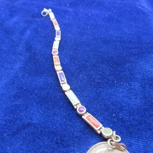 VINTAGE MEXICAN 8 MULTICOLOR LINK BRACELET STERLING 7 " LONG - Picture 1 of 6