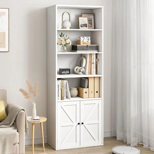 Bookshelf with Door Cabinet 4-Tire Open Display Rack Storage Shelf Wood Bookcase - Picture 1 of 51