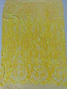 Sequin Paisley Design Fabric - Yellow Iridescent - 4 Way Stretch Fabric By Yard - Picture 1 of 4
