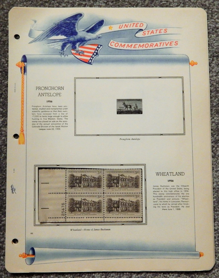 RARE PAGED MINT USA PLATE BLOCK 1956 WHEATLAND, PRESIDENT JAMES BUCHANAN HOME - Image 1 of 1