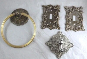 Vintage Antique Ornate Bathroom Wall Hardware Set Brass Metal Towel Light Cover - Picture 1 of 8