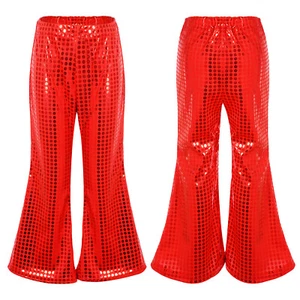 US Kids Girls Dance Pants Latin Bell-Bottom Shiny Street-wear Retro Trousers - Picture 1 of 95