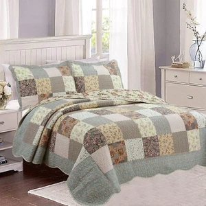 Country Floral Chic Scalloped Real Patchwork Cotton 3-Piece Quilt Bedding Set - Picture 1 of 8