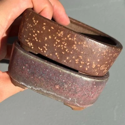 Japanese bonsai pot HEIAN KOSEN signed TOKADEI purple set of 2 rctgl w3.7" *1225 - Image 1 of 4