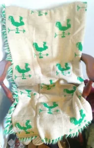 Afghan, Throw , Blanket, With Roosters In Green And Biege Background Hand Loomed - Picture 1 of 6