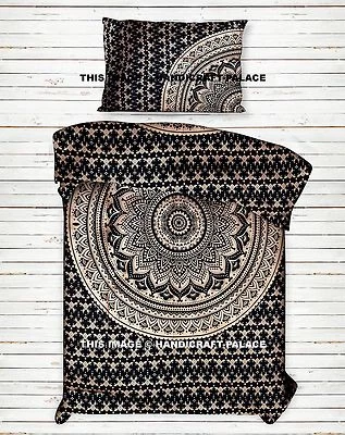 Indian Black & Gold Mandala Comforter Blanket Duvet Quilt Cover With Pillow Case - Image 1 of 4