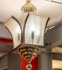 Vintage Brass Nickel Art Deco Ship Glass Ceiling Fixture – 6-Light Chandelier - Picture 1 of 4