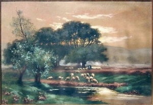 TABLEAU PAYSAGE troupeau MOUTONS BERGERE 54X43cm cadre PEINTURE sur SOIE/verre - Imagen 1 de 5