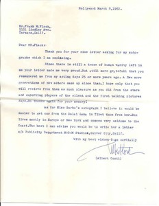 Albert Conti D.1967 Actor The Black Cat Signed Typed Letter
