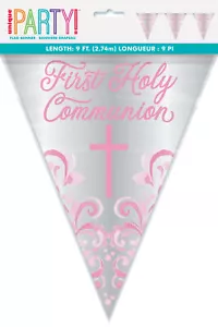 Holy Communion Bunting Party Decoration Girls Pink & Silver Foil Flag Banner - Picture 1 of 2