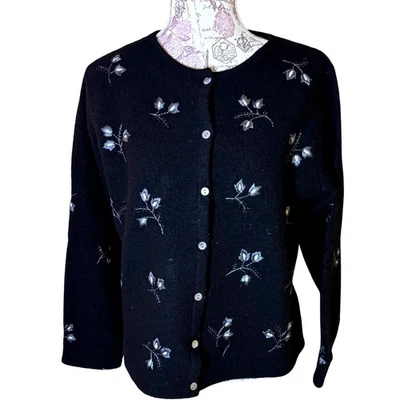 Black Wool Embroidered Floral Button Up Cardigan Sweater L MARISA CHRISTINA - Image 1 of 4