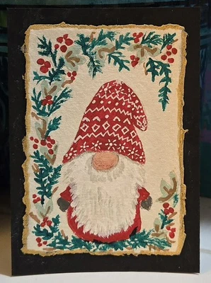 ACEO Original Art Painting Gnome Pine Branches Holly Berries Christmas OOAK ATC  - Image 1 of 4