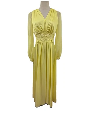 Vestido maxi amarelo vintage anos 60 manga transparente enfeite floral 28”w discoteca boho hippie - Imagem 1 de 4