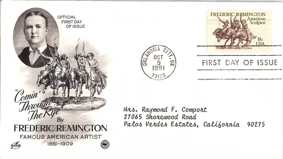 Frederic Remington Famous American Artist Oct. 9 1981 Mail Cover FDC - Image 1 of 1
