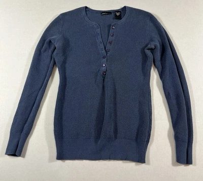 Moda International Women Sm Blue Henley Knit Sweater Long Sleeve Cotton Button - Image 1 of 4