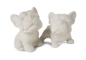 Blaue Hexe unbemalt Kruzifix Set Französische Bulldogge, Handarbeit Keramik Salz & Pfeffer - Bild 1 von 4