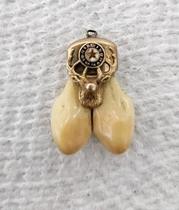 Vintage Antik Elche BPOE 14K Gold Doppel Elchzahn Anhänger mit Rubin Augen - Bild 1 von 3