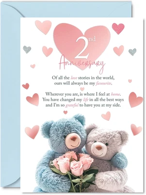 2Nd Anniversary Card for Men Women - Teddy Bear Roses - Happy 2 Year Anniversary - Image 1 of 4