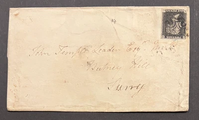 QV GB SG 1 1d Penny Black NC Cover Putney Hill Plate 6 Black Maltese Cross MX - Image 1 of 3