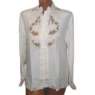 100% Silk Hand Embroidered Blouse Woman 36/Small White Crochet Lace Victorian   - Image 1 of 4