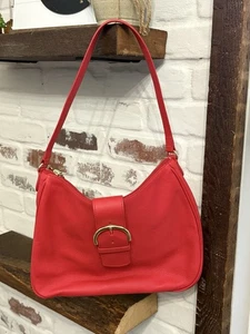 TALBOTS Red Shoulder Hobo Bag Gold Buckle Style Zip Close Striped Liner 10x12” - Picture 1 of 15