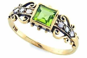 Peridot & Diamond Vintage Ring, 9ct 9k Solid Gold, Antique Womens R207 Custom - Foto 1 di 1