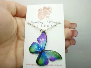 Butterfly Necklace Purple, Green, Blue on a Sparkle Silver Plated Chain - Fairy - Picture 1 of 3
