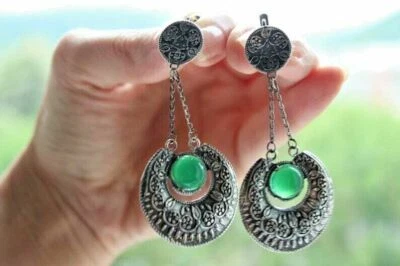 Armenian Spirit Silver 925 Green jadeite earrings Round ethnic jewellery large - Image 1 of 4