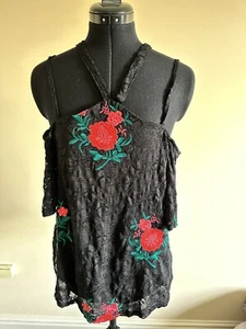 River Island Woman’s Black Lace Floral Embroidered Gothic Halter neck Top UK10 - Picture 1 of 9