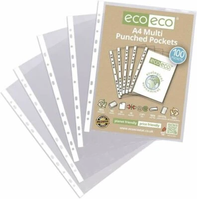 eco eco A4 100% Recycled Punched Pockets Transparent Clear Plastic Sleeves X 100