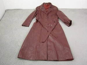 Vintage LeSoleil Leather Trench Coat Women 14 Large Red Burgundy Belted 60s 70s - Picture 1 of 20