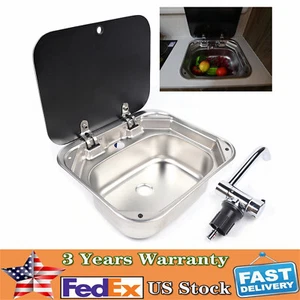 RV Caravan Camper Stainless Steel Hand Wash Basin Kitchen Sink w/ Lid+Faucet Kit - Foto 1 di 12
