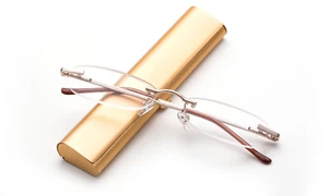 Rimless Gold Reading Glasses Compact Classic Reader Travel Slim Design with Case - Picture 1 of 13
